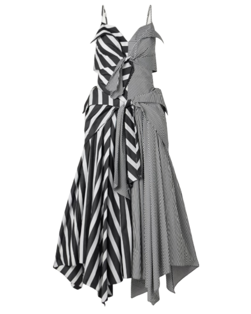 Asymmetric tie-front striped cotton-poplin maxi dress