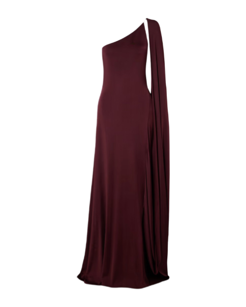 cape-effect one-shoulder satin gown