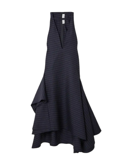 Asymmetric paneled pinstriped wool-blend twill midi dress