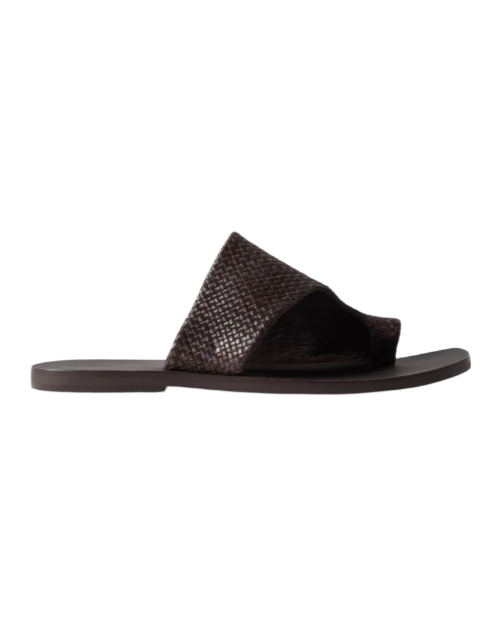 Asymmetric woven leather slides