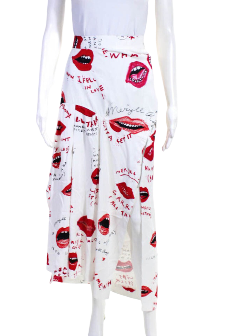 meryll rogge Womens Lips Logo Mid Calf Crepe Draped Skirt White Red Size IT 36